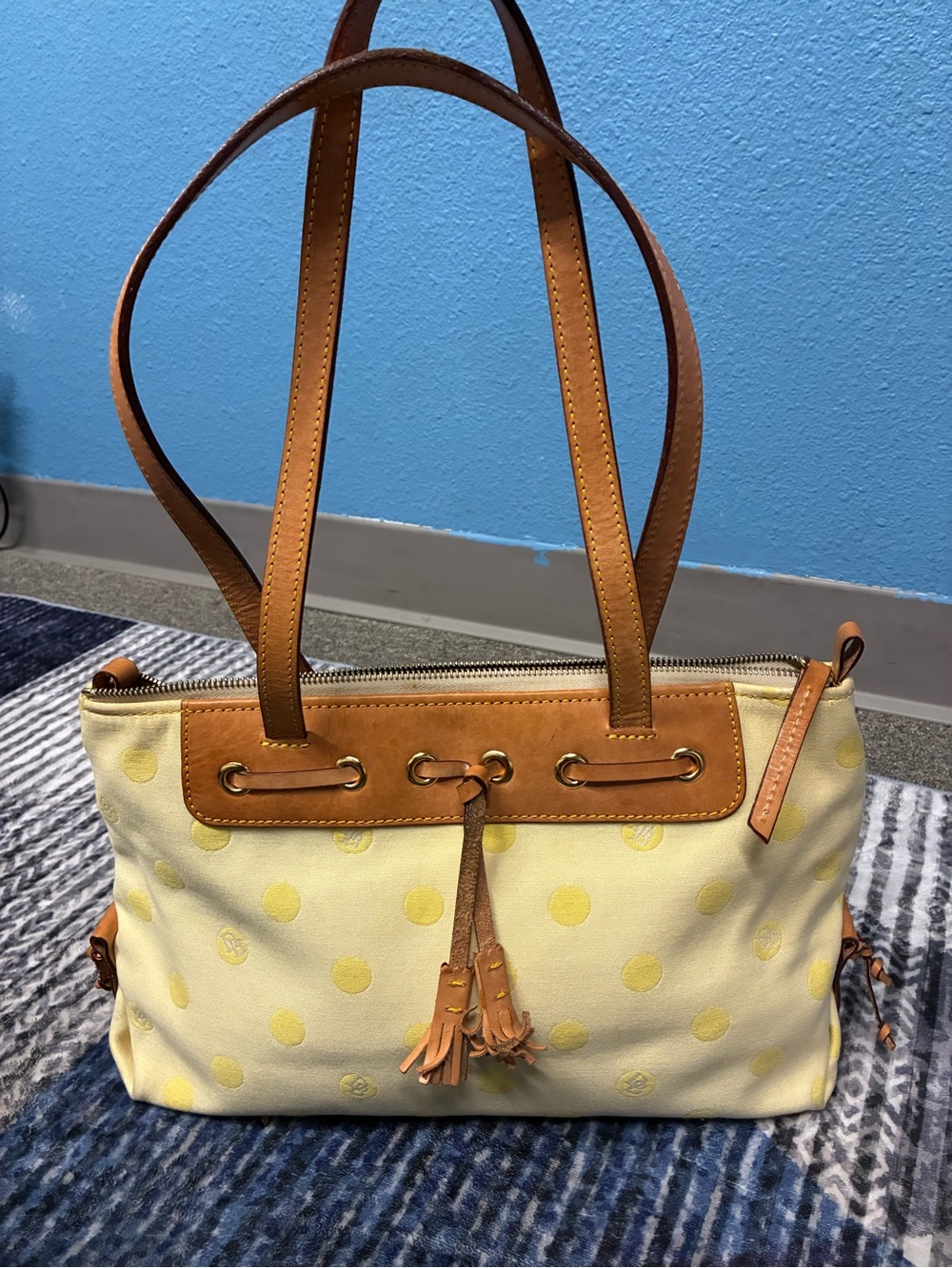 Dooney & Bourke Leather-Trimmed Yellow Polka Dot Tote Bag